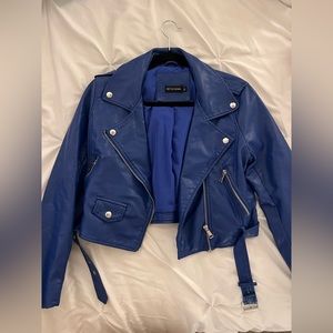 Prettylittlething royal blue cropped leather jacket size 8